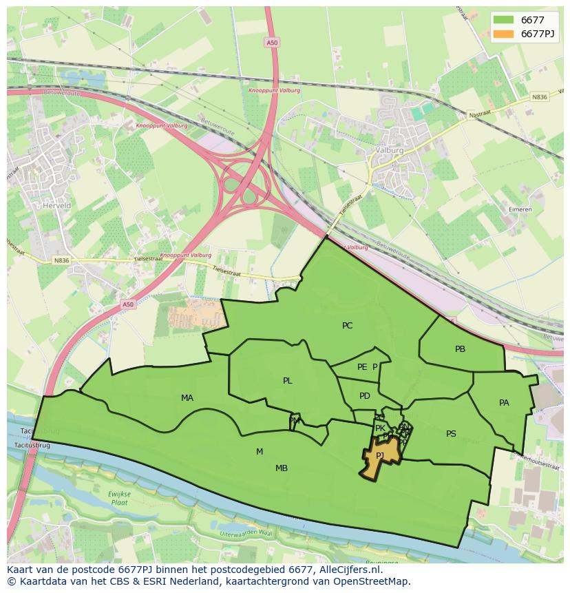Afbeelding van het postcodegebied 6677 PJ op de kaart.