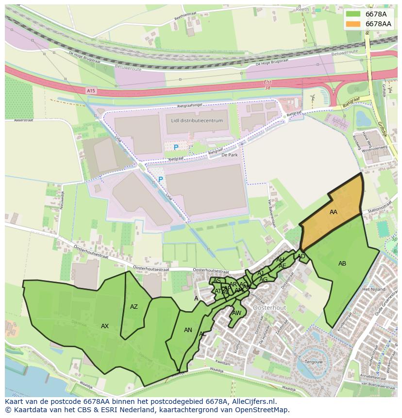 Afbeelding van het postcodegebied 6678 AA op de kaart.