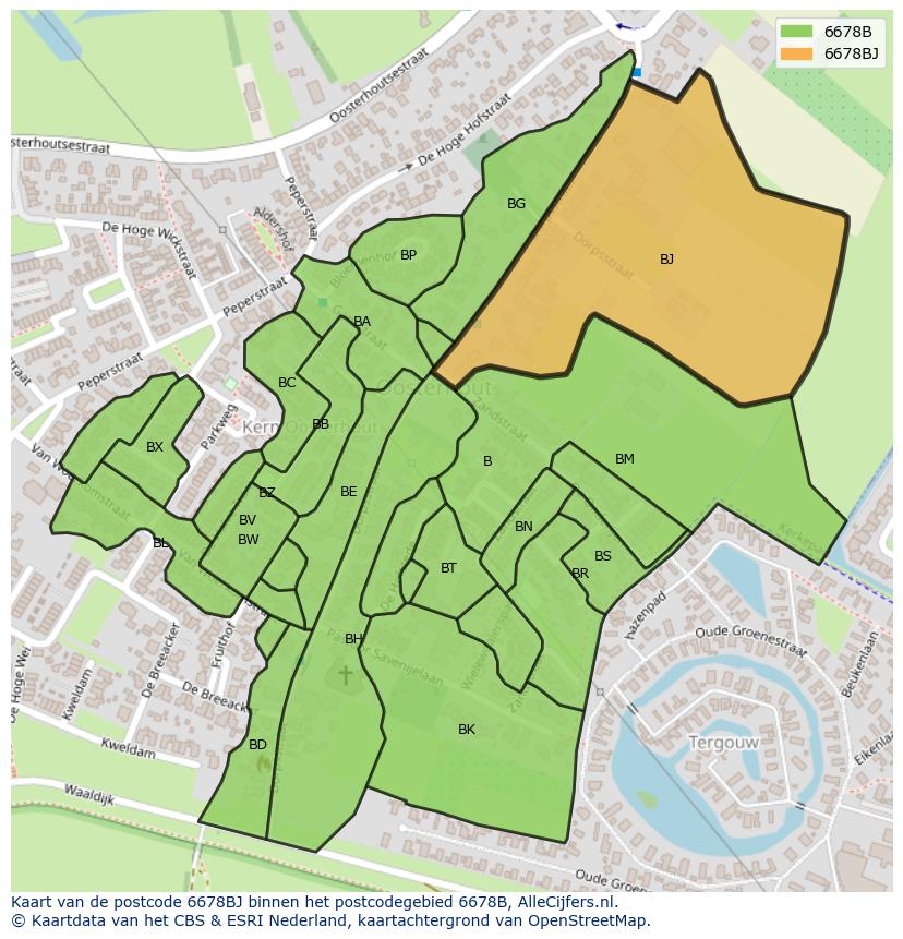 Afbeelding van het postcodegebied 6678 BJ op de kaart.