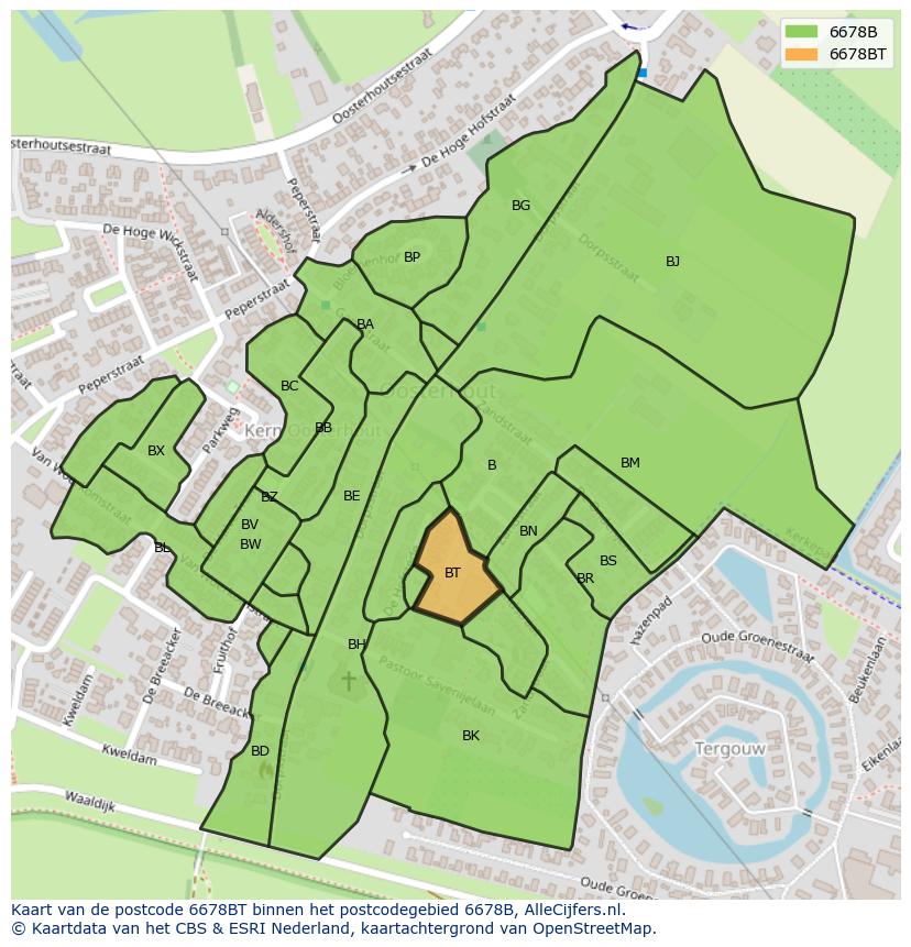 Afbeelding van het postcodegebied 6678 BT op de kaart.
