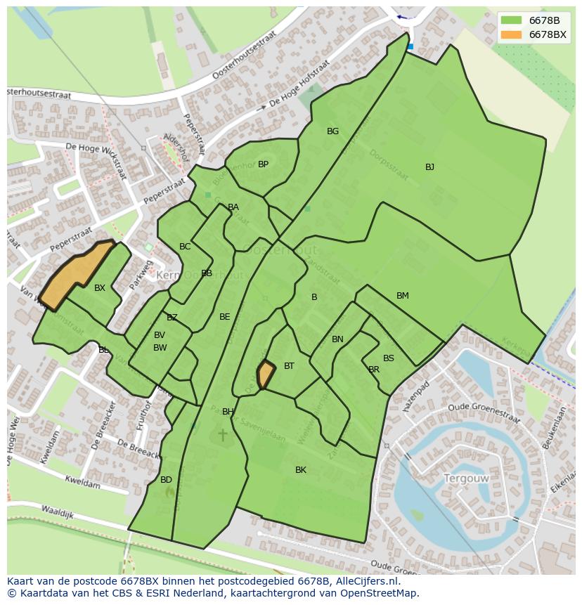 Afbeelding van het postcodegebied 6678 BX op de kaart.