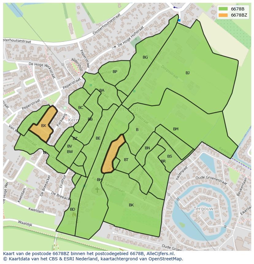 Afbeelding van het postcodegebied 6678 BZ op de kaart.