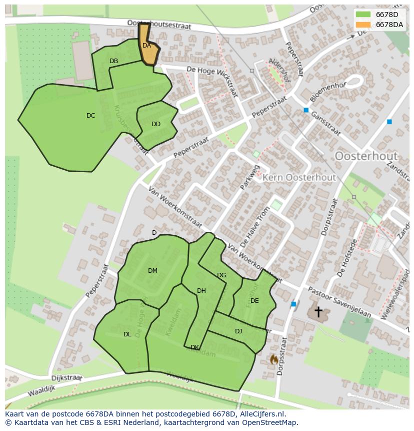 Afbeelding van het postcodegebied 6678 DA op de kaart.