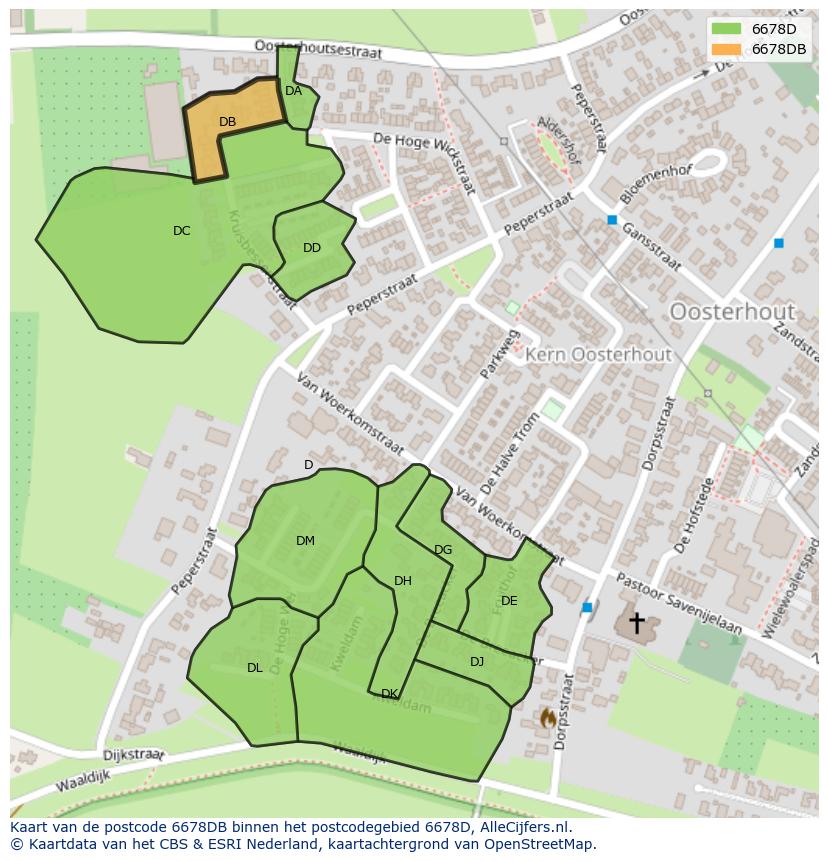 Afbeelding van het postcodegebied 6678 DB op de kaart.