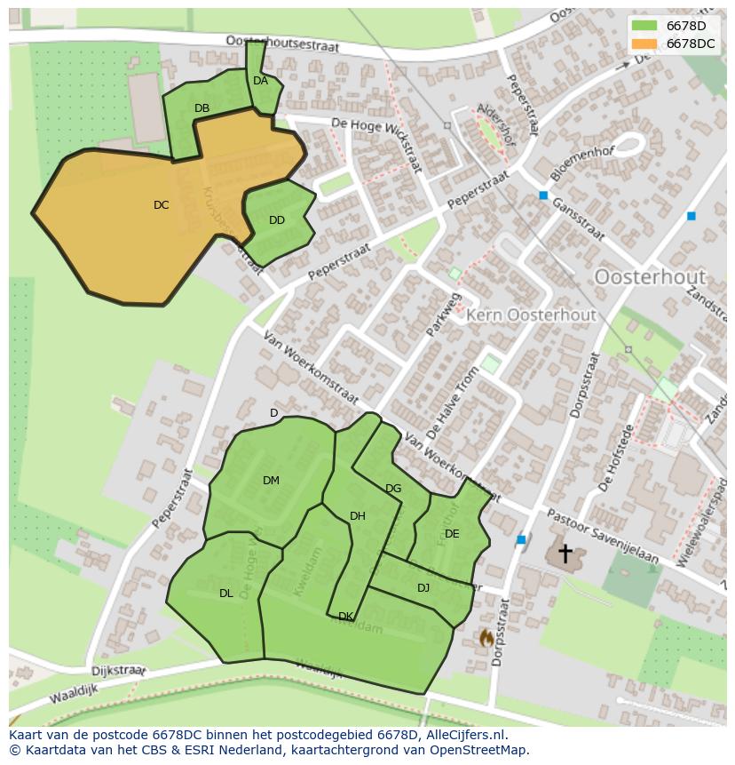 Afbeelding van het postcodegebied 6678 DC op de kaart.