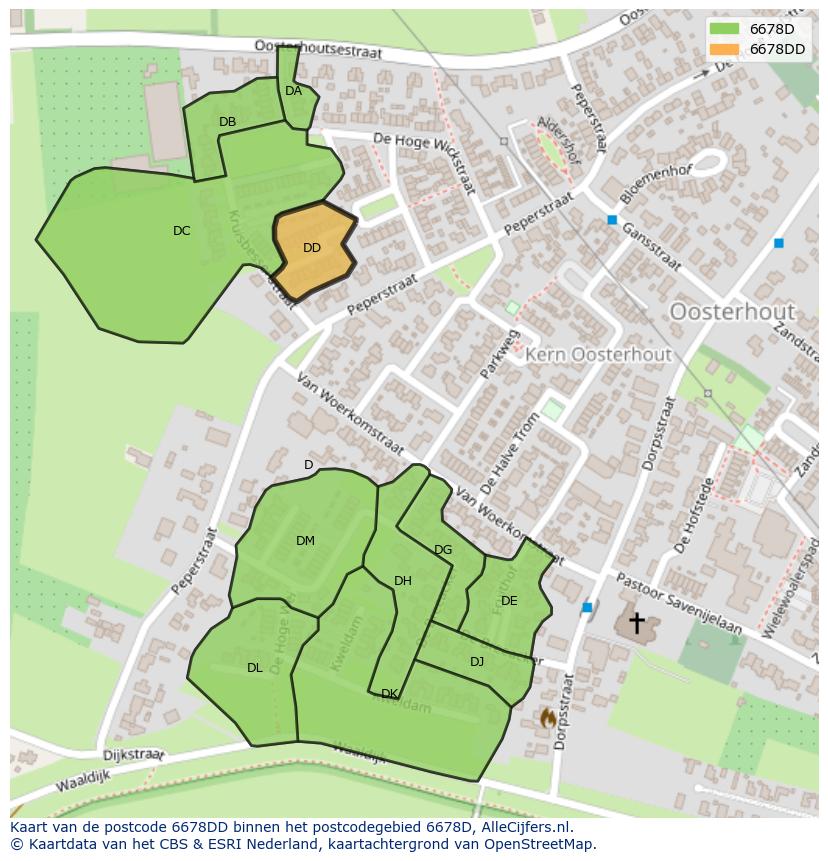 Afbeelding van het postcodegebied 6678 DD op de kaart.