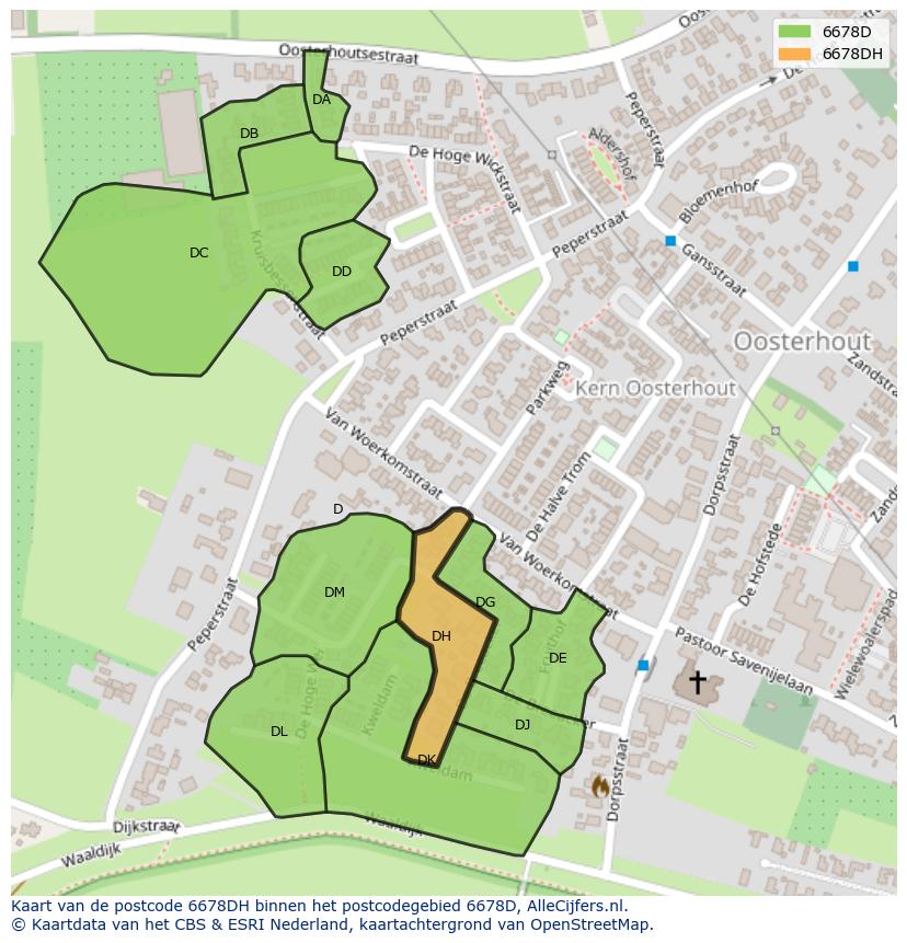Afbeelding van het postcodegebied 6678 DH op de kaart.