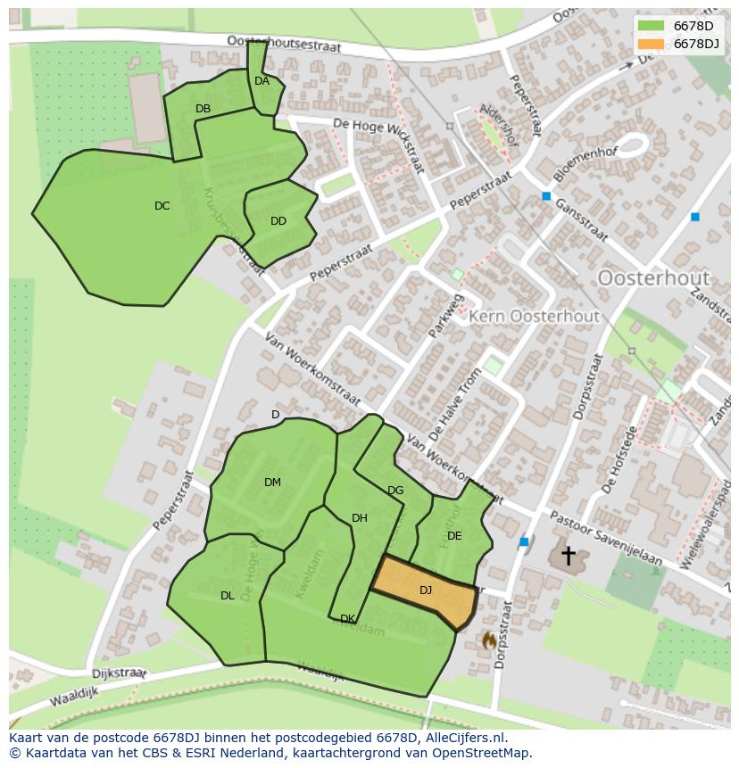 Afbeelding van het postcodegebied 6678 DJ op de kaart.