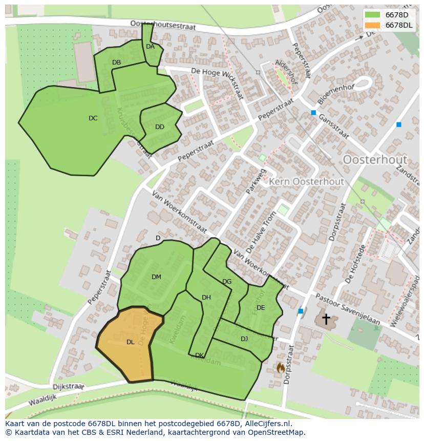 Afbeelding van het postcodegebied 6678 DL op de kaart.
