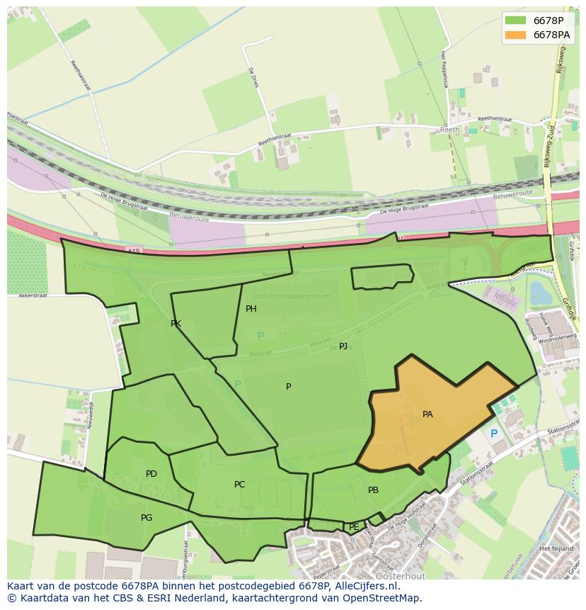 Afbeelding van het postcodegebied 6678 PA op de kaart.