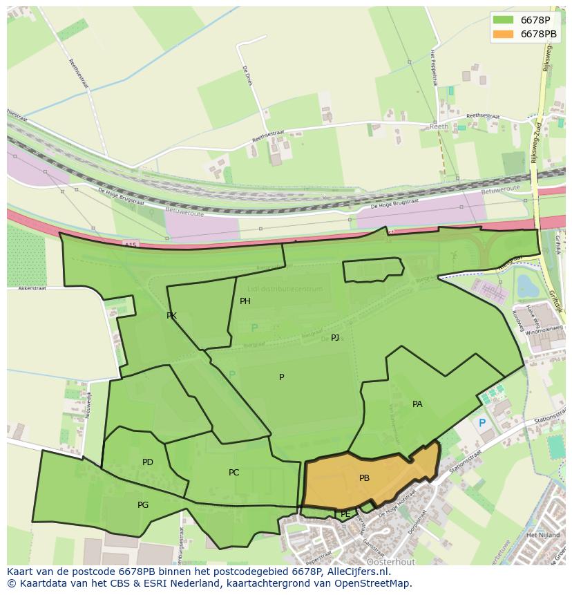 Afbeelding van het postcodegebied 6678 PB op de kaart.