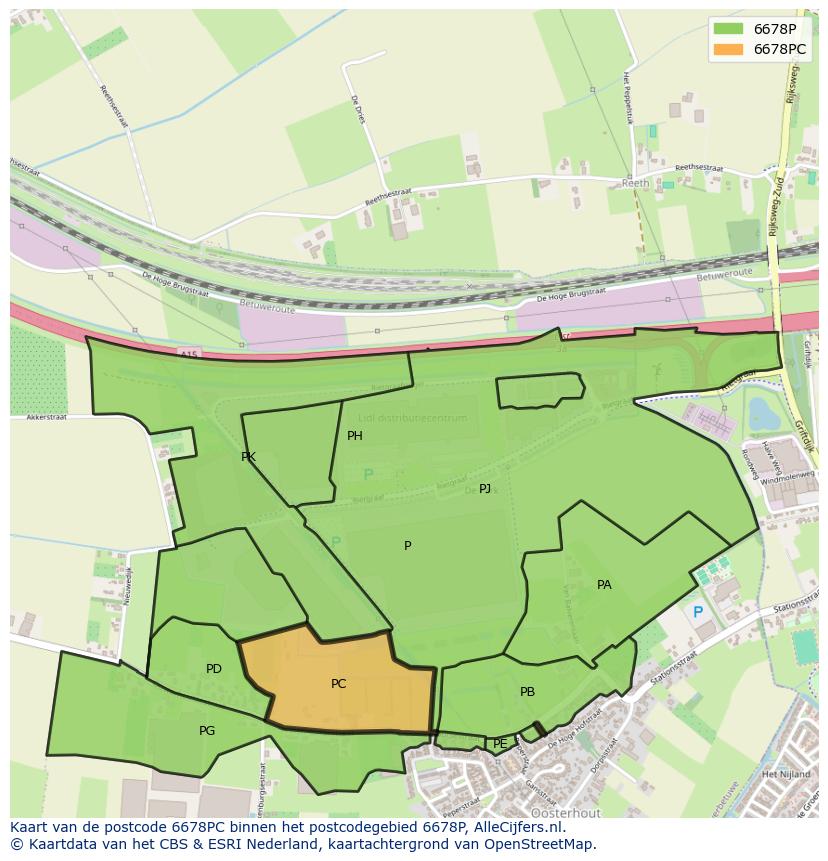 Afbeelding van het postcodegebied 6678 PC op de kaart.