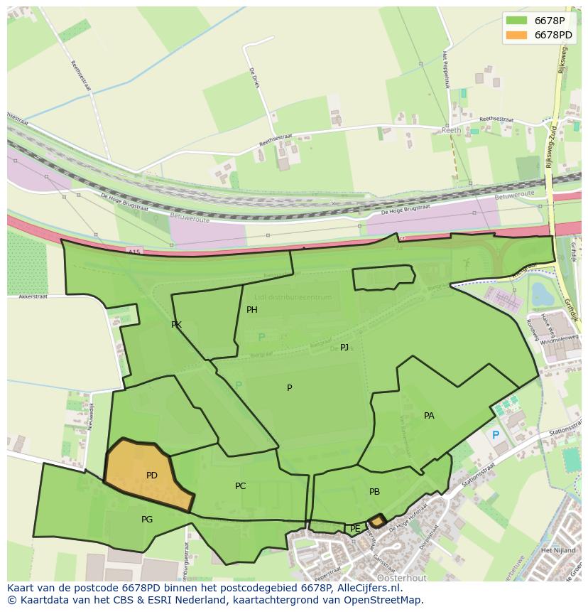 Afbeelding van het postcodegebied 6678 PD op de kaart.