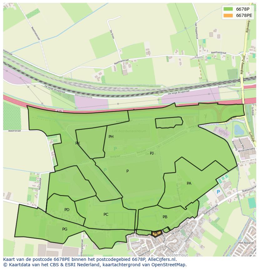 Afbeelding van het postcodegebied 6678 PE op de kaart.