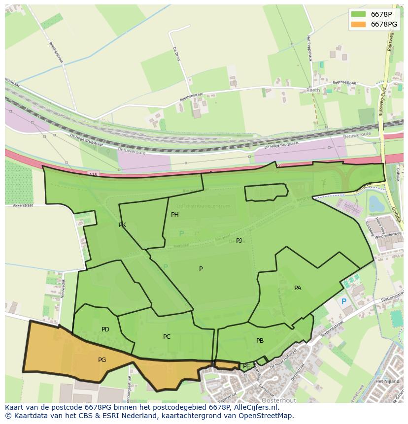 Afbeelding van het postcodegebied 6678 PG op de kaart.
