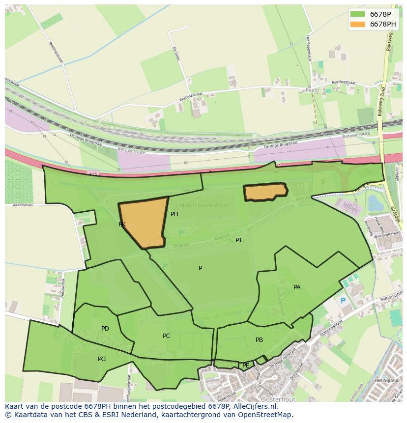 Afbeelding van het postcodegebied 6678 PH op de kaart.