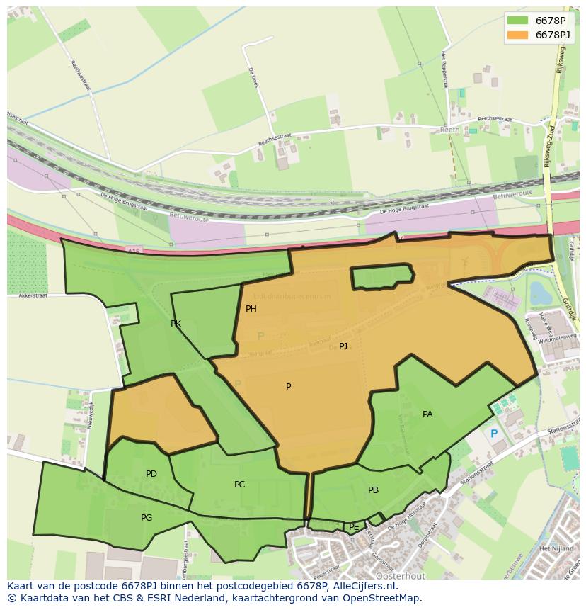 Afbeelding van het postcodegebied 6678 PJ op de kaart.