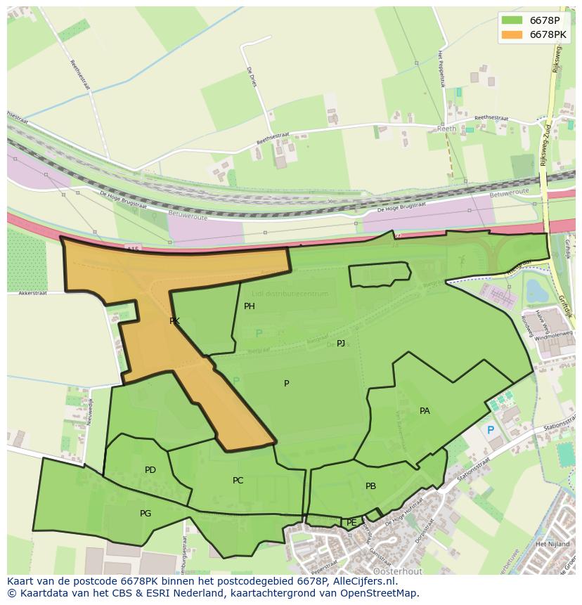 Afbeelding van het postcodegebied 6678 PK op de kaart.