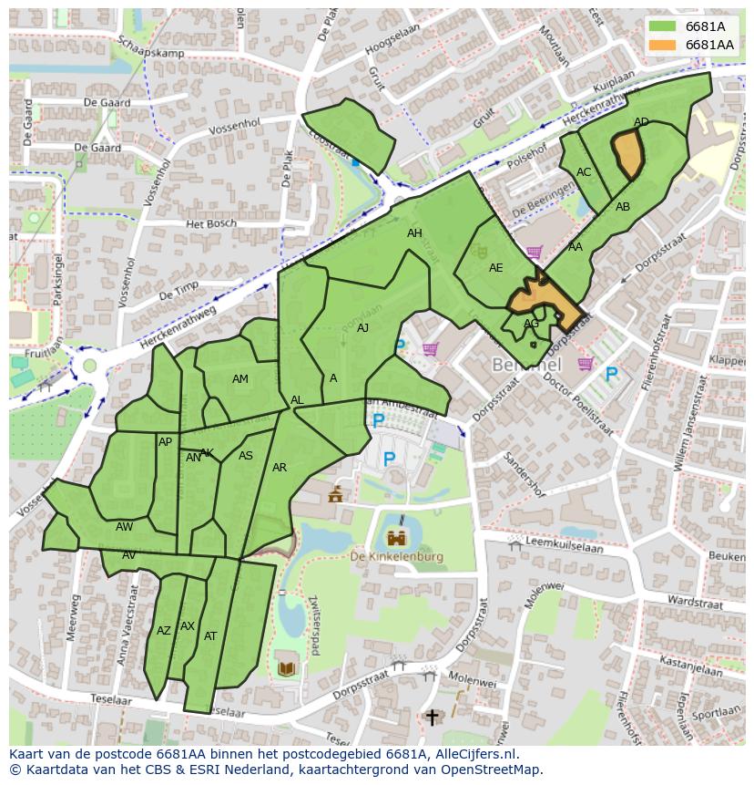 Afbeelding van het postcodegebied 6681 AA op de kaart.