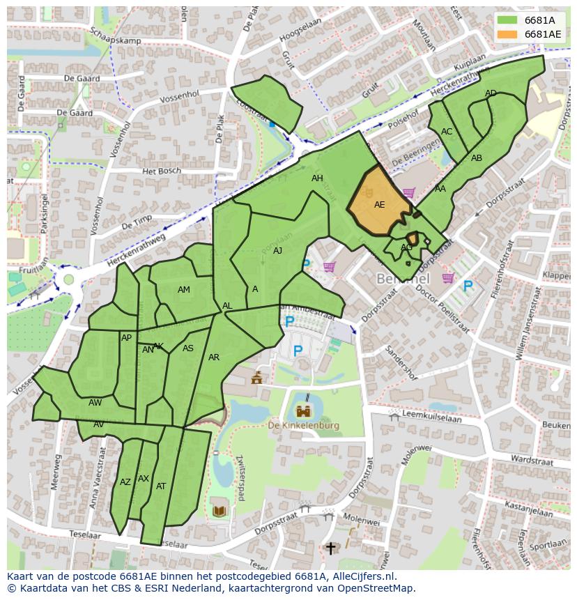 Afbeelding van het postcodegebied 6681 AE op de kaart.