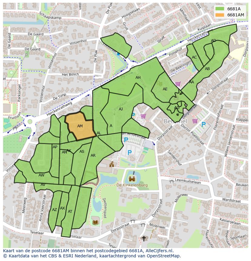 Afbeelding van het postcodegebied 6681 AM op de kaart.