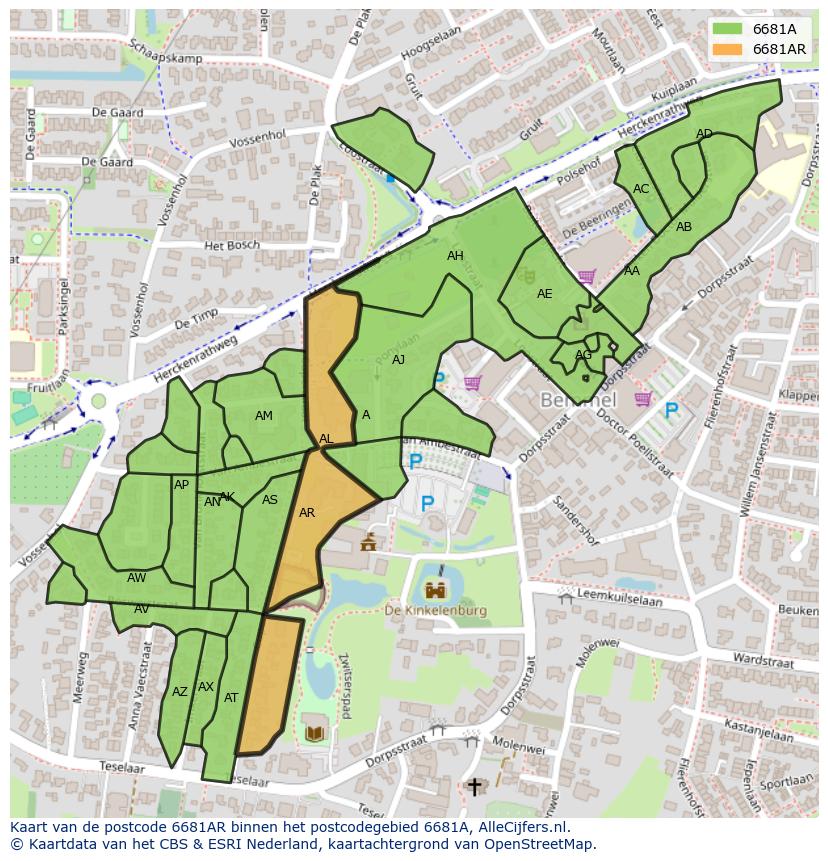 Afbeelding van het postcodegebied 6681 AR op de kaart.
