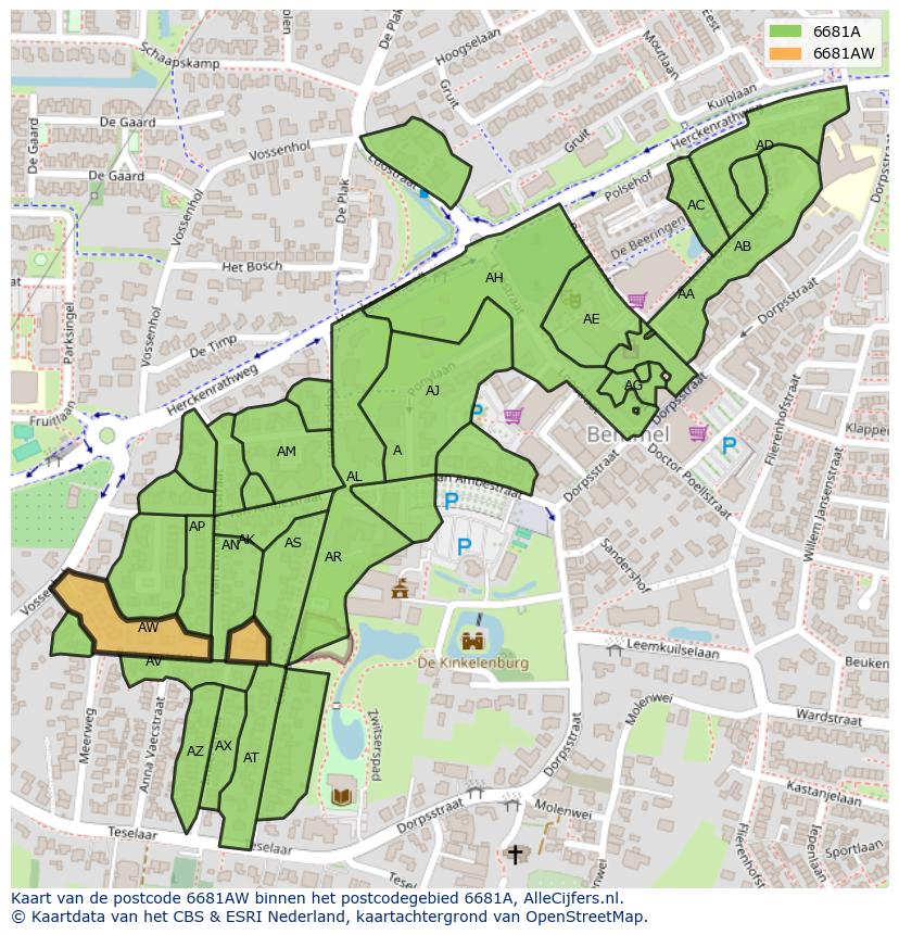 Afbeelding van het postcodegebied 6681 AW op de kaart.