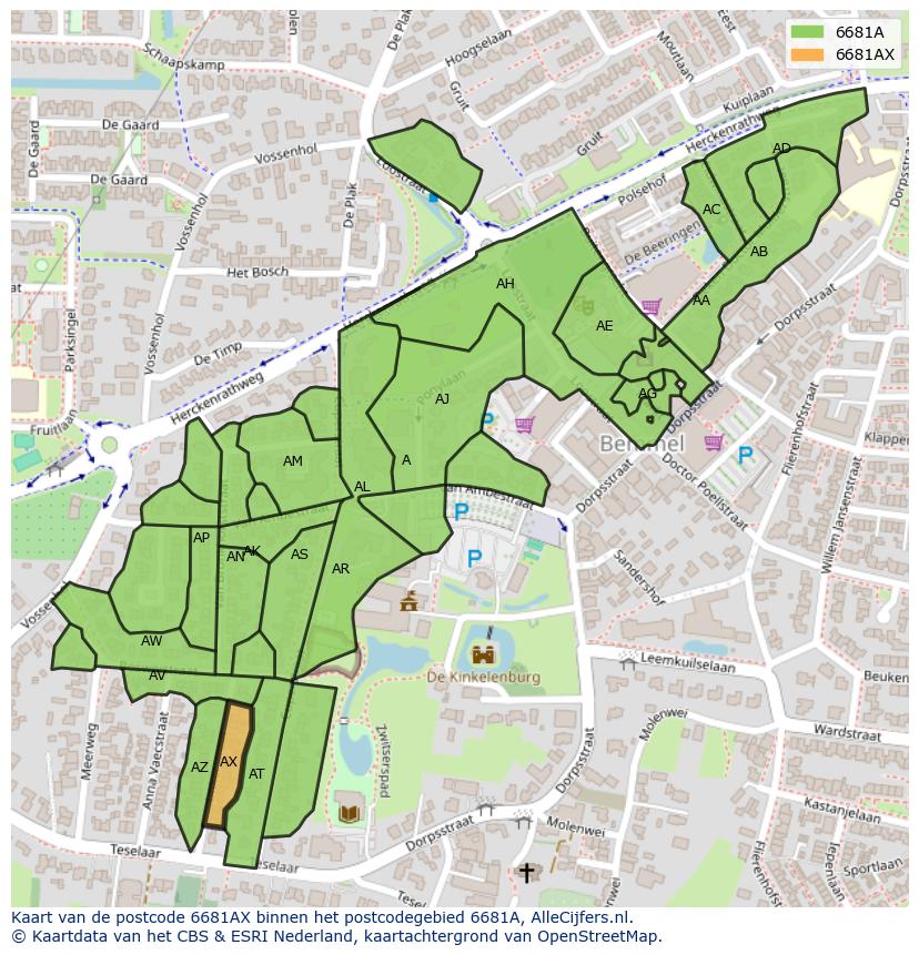 Afbeelding van het postcodegebied 6681 AX op de kaart.