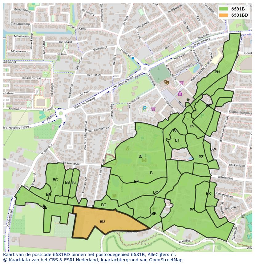 Afbeelding van het postcodegebied 6681 BD op de kaart.