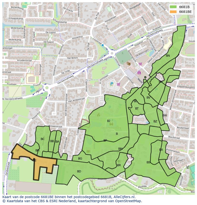 Afbeelding van het postcodegebied 6681 BE op de kaart.