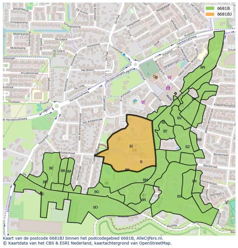 Afbeelding van het postcodegebied 6681 BJ op de kaart.