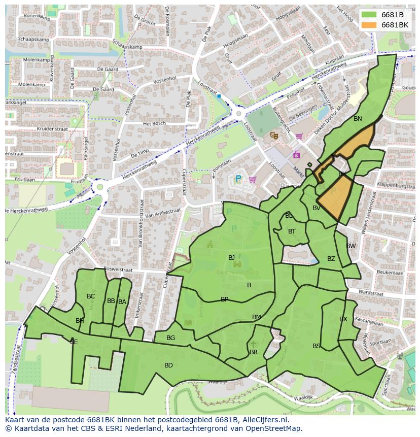 Afbeelding van het postcodegebied 6681 BK op de kaart.