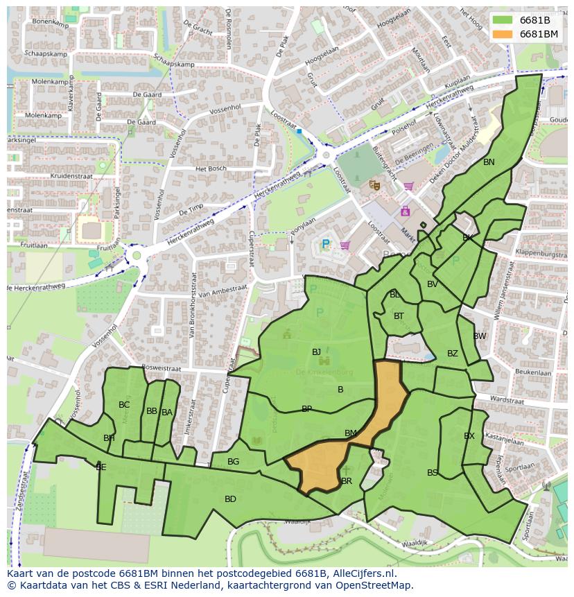Afbeelding van het postcodegebied 6681 BM op de kaart.