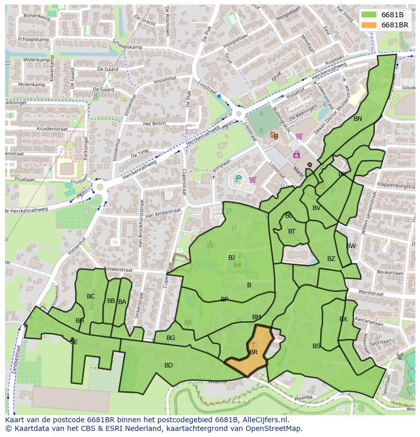 Afbeelding van het postcodegebied 6681 BR op de kaart.