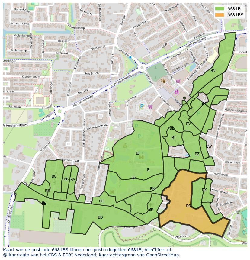 Afbeelding van het postcodegebied 6681 BS op de kaart.