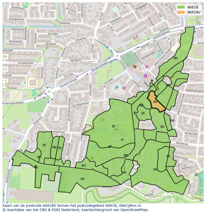 Afbeelding van het postcodegebied 6681 BV op de kaart.