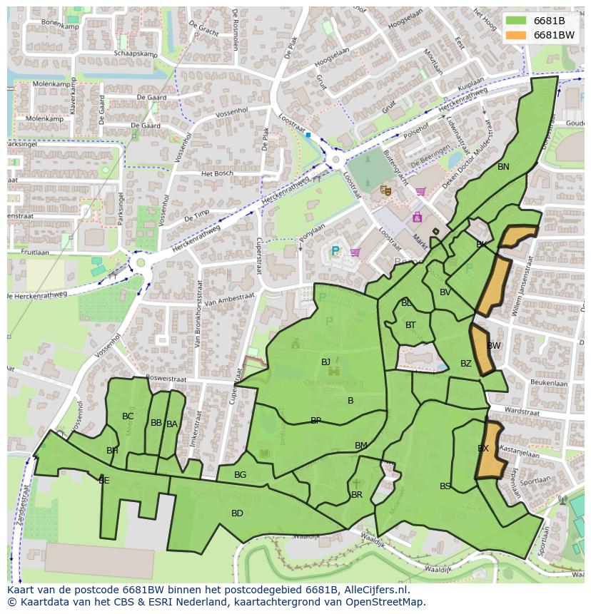 Afbeelding van het postcodegebied 6681 BW op de kaart.