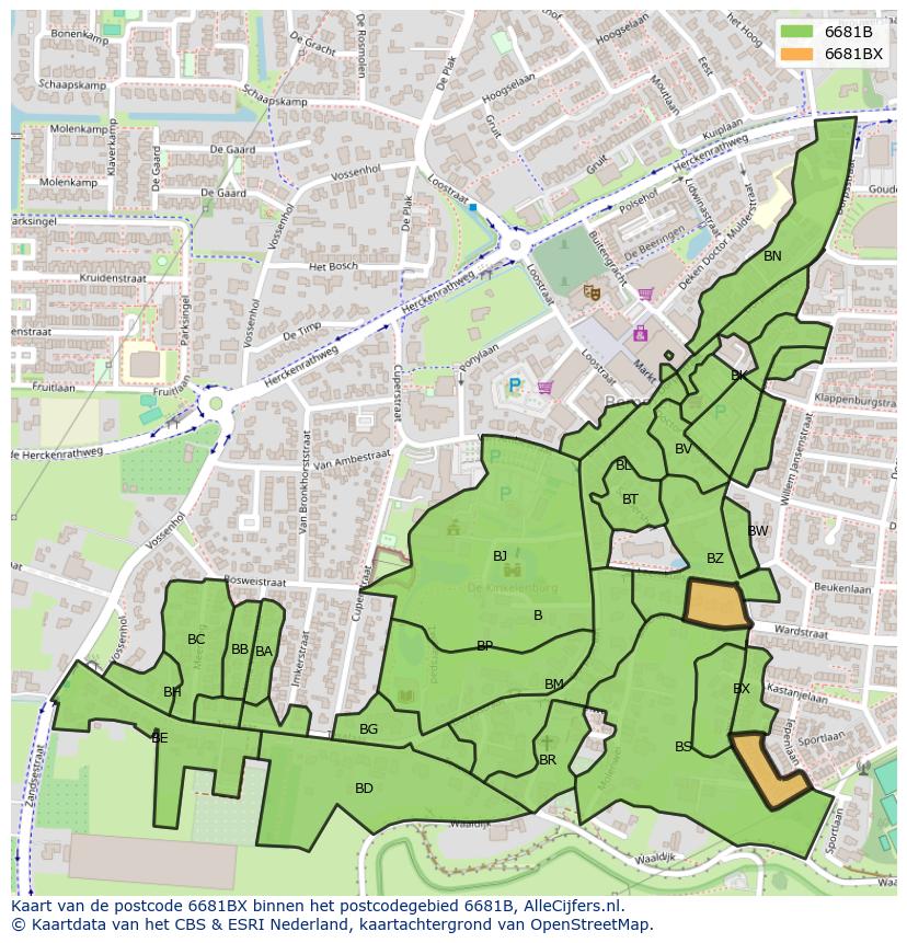Afbeelding van het postcodegebied 6681 BX op de kaart.