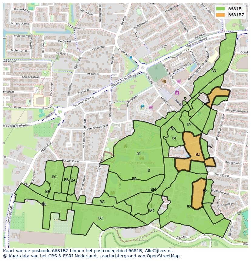 Afbeelding van het postcodegebied 6681 BZ op de kaart.