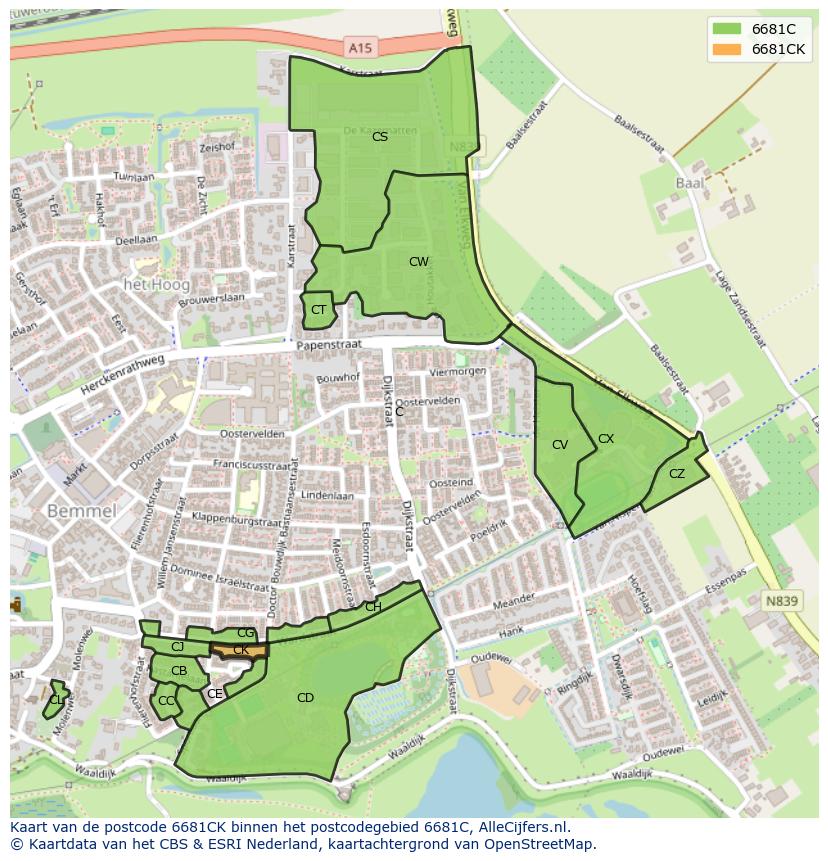 Afbeelding van het postcodegebied 6681 CK op de kaart.