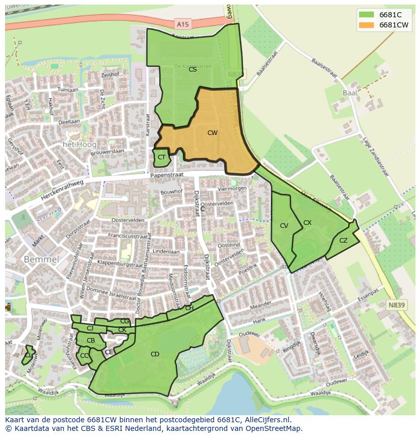 Afbeelding van het postcodegebied 6681 CW op de kaart.