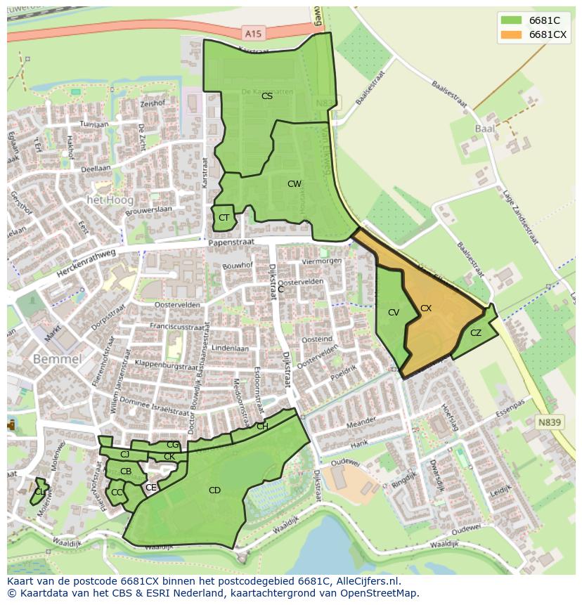 Afbeelding van het postcodegebied 6681 CX op de kaart.