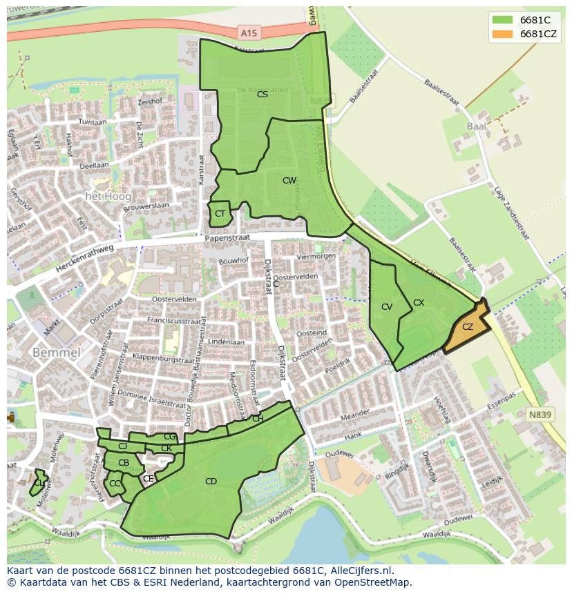 Afbeelding van het postcodegebied 6681 CZ op de kaart.
