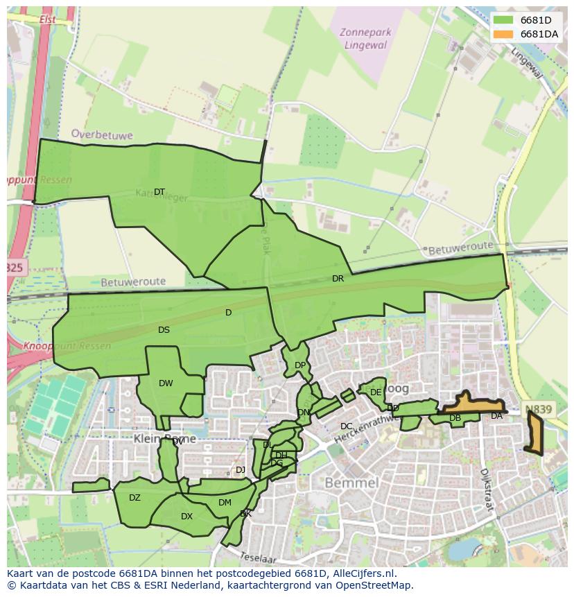 Afbeelding van het postcodegebied 6681 DA op de kaart.