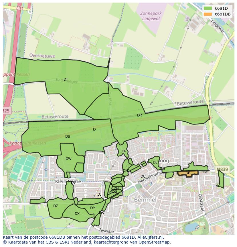 Afbeelding van het postcodegebied 6681 DB op de kaart.