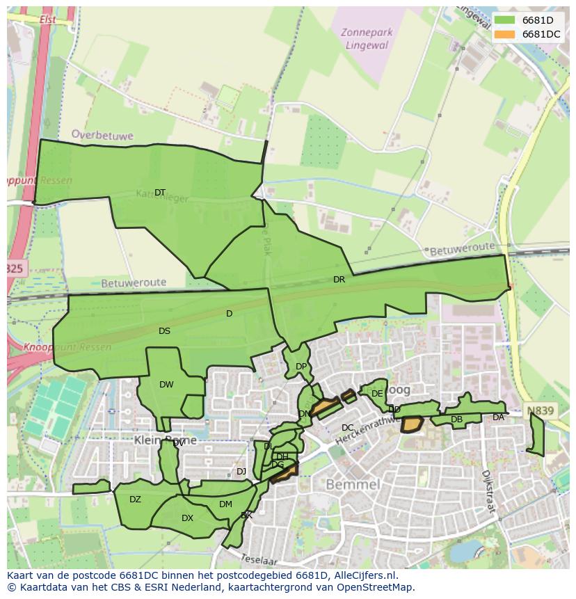 Afbeelding van het postcodegebied 6681 DC op de kaart.