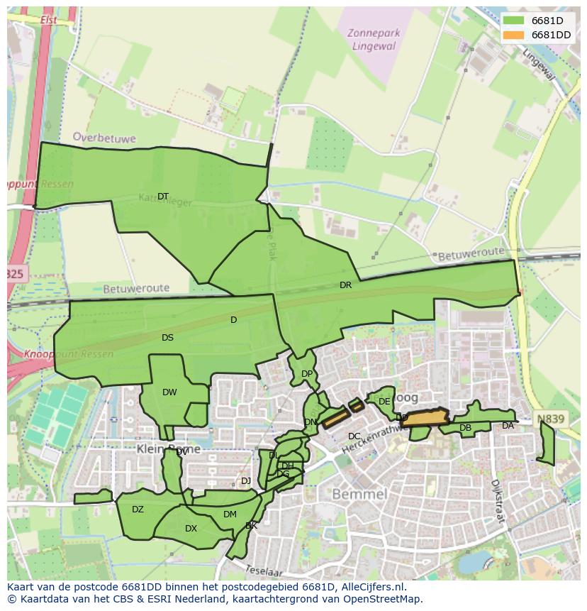 Afbeelding van het postcodegebied 6681 DD op de kaart.