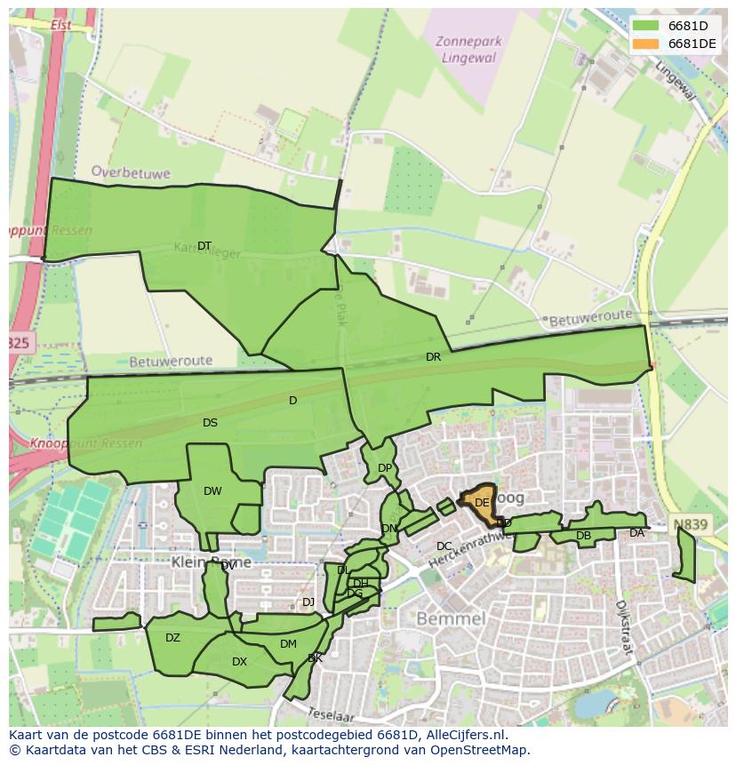 Afbeelding van het postcodegebied 6681 DE op de kaart.