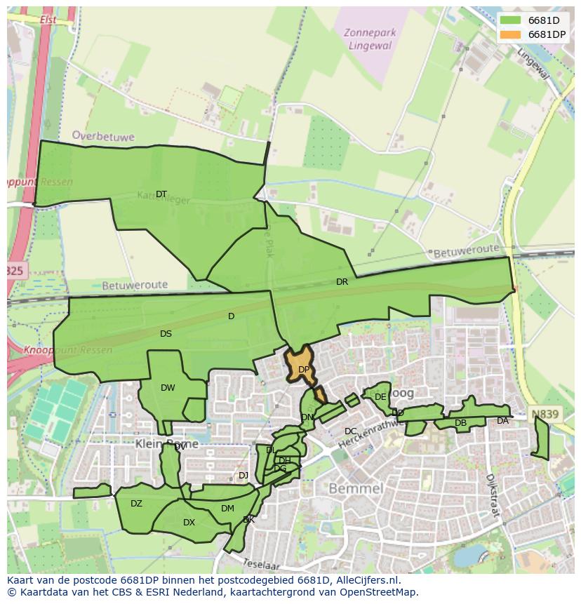 Afbeelding van het postcodegebied 6681 DP op de kaart.