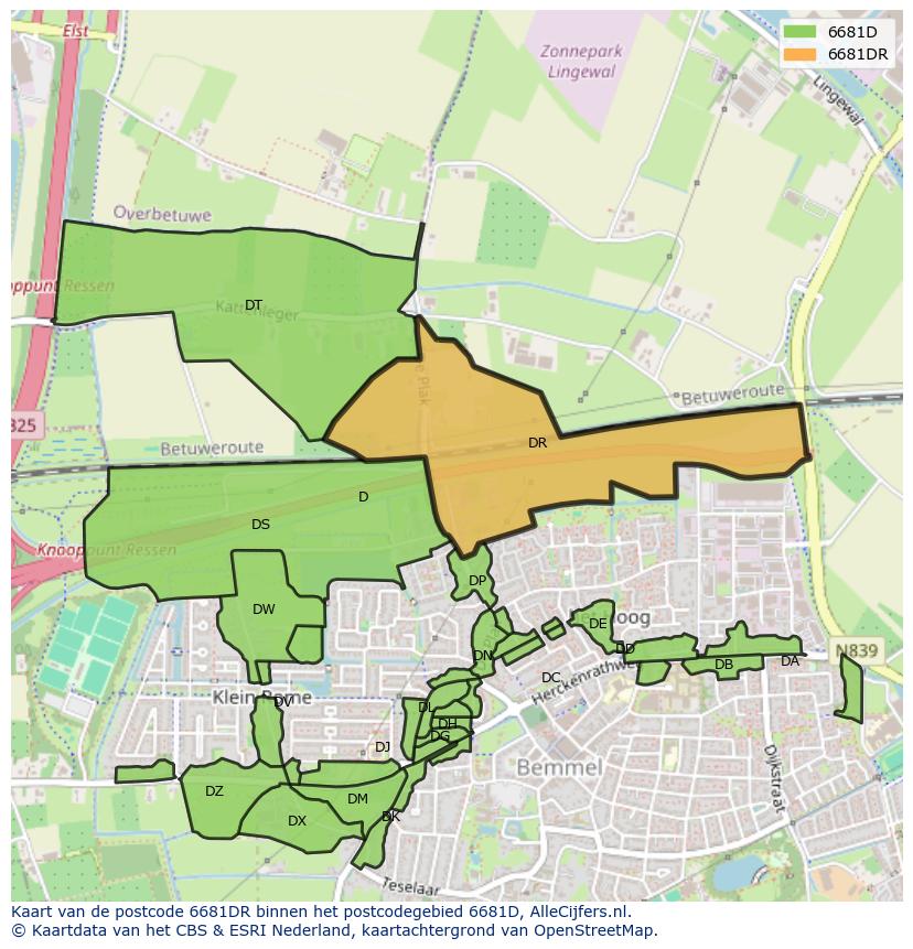 Afbeelding van het postcodegebied 6681 DR op de kaart.